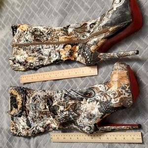 Knee high stiletto platform floral fabric boots